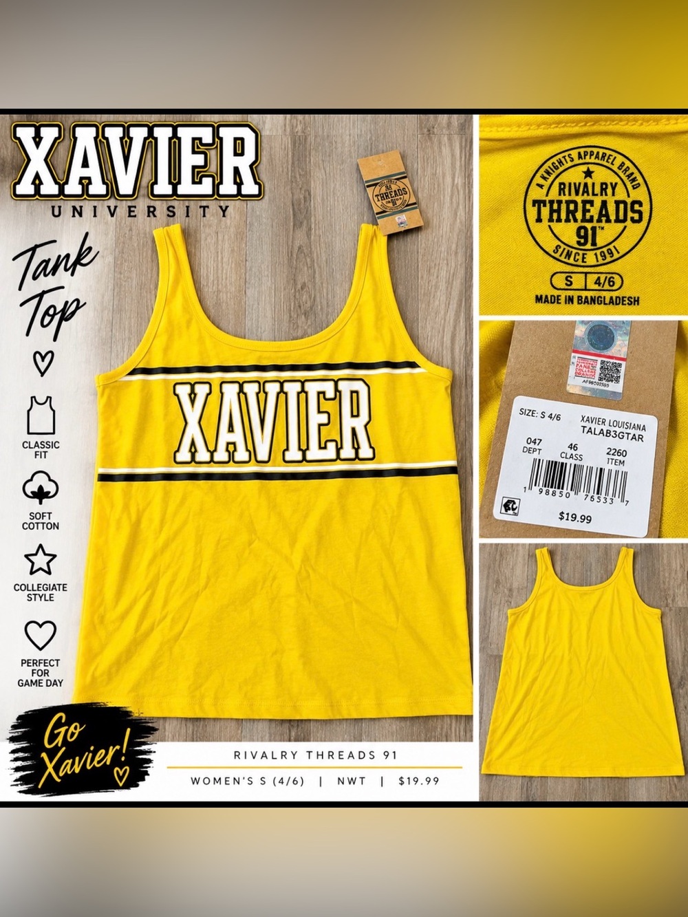 Rivalry Threads 91 Xavier University Women’s Tank Top Yellow Size Small 4/6 NWT